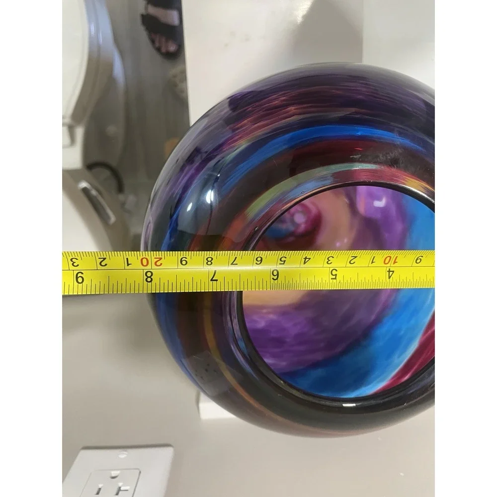 Stephen R. Nelson Signed Hand Blown Studio Art Glass Vase Multicolor Ribbon 8.5